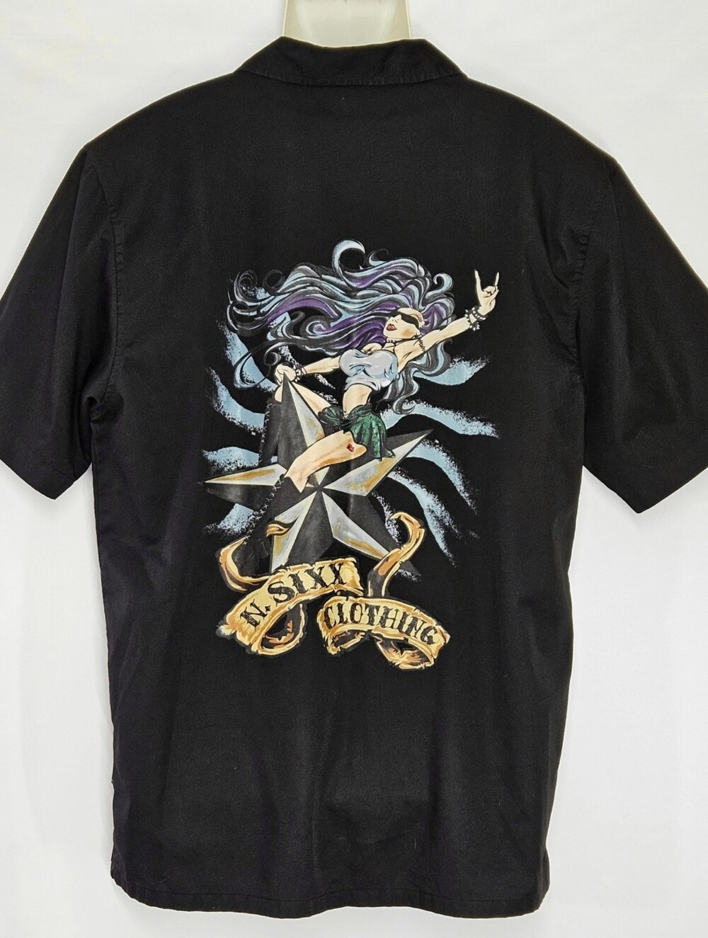 N.SIXX Men's M Shirt Dragonfly Rock Pinup Girl Mechanic Bowling Black Patches